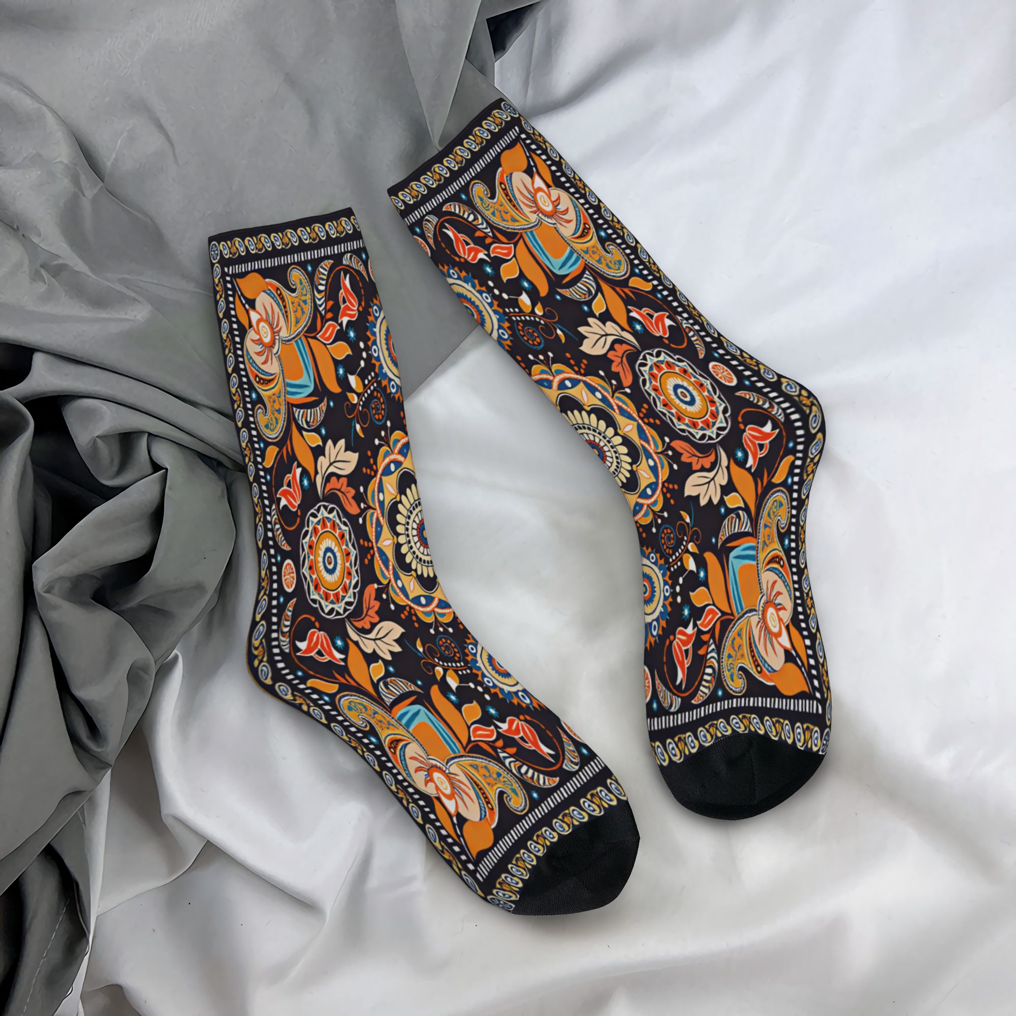 Good Floral & Wedding Decor Supply Photos - Marineblaue orangefarbene Folk-Blumen-Mandala-Strümpfe, Socken, Unisex, für